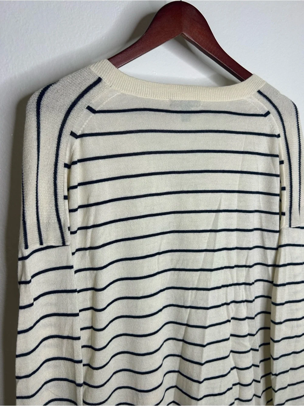 J. Crew Merino Wool Cotton Striped Cream Navy Lightweight V - Neck Sweater